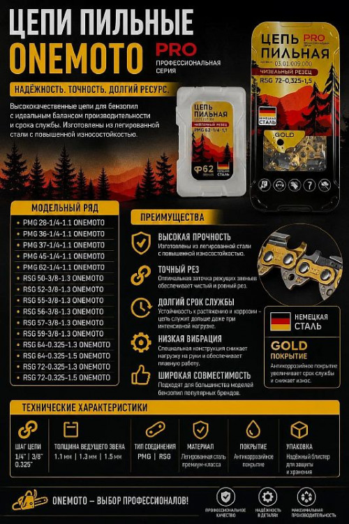 Цепь для пил PMG 37-1/4-1.1 (пласт. кейс, кругл зуб, GOLD,50шт/уп,РОССИЯ) ONEMOTO